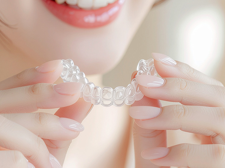 インビザラインのマウスピースを持つ女性の手元 - ゴールドアクセサリー、清潔感のあるネイル